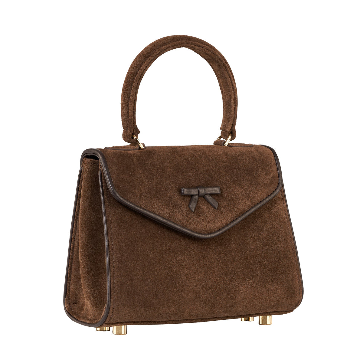 Brown suede mini handbag with top handle, curved flap and bow detail