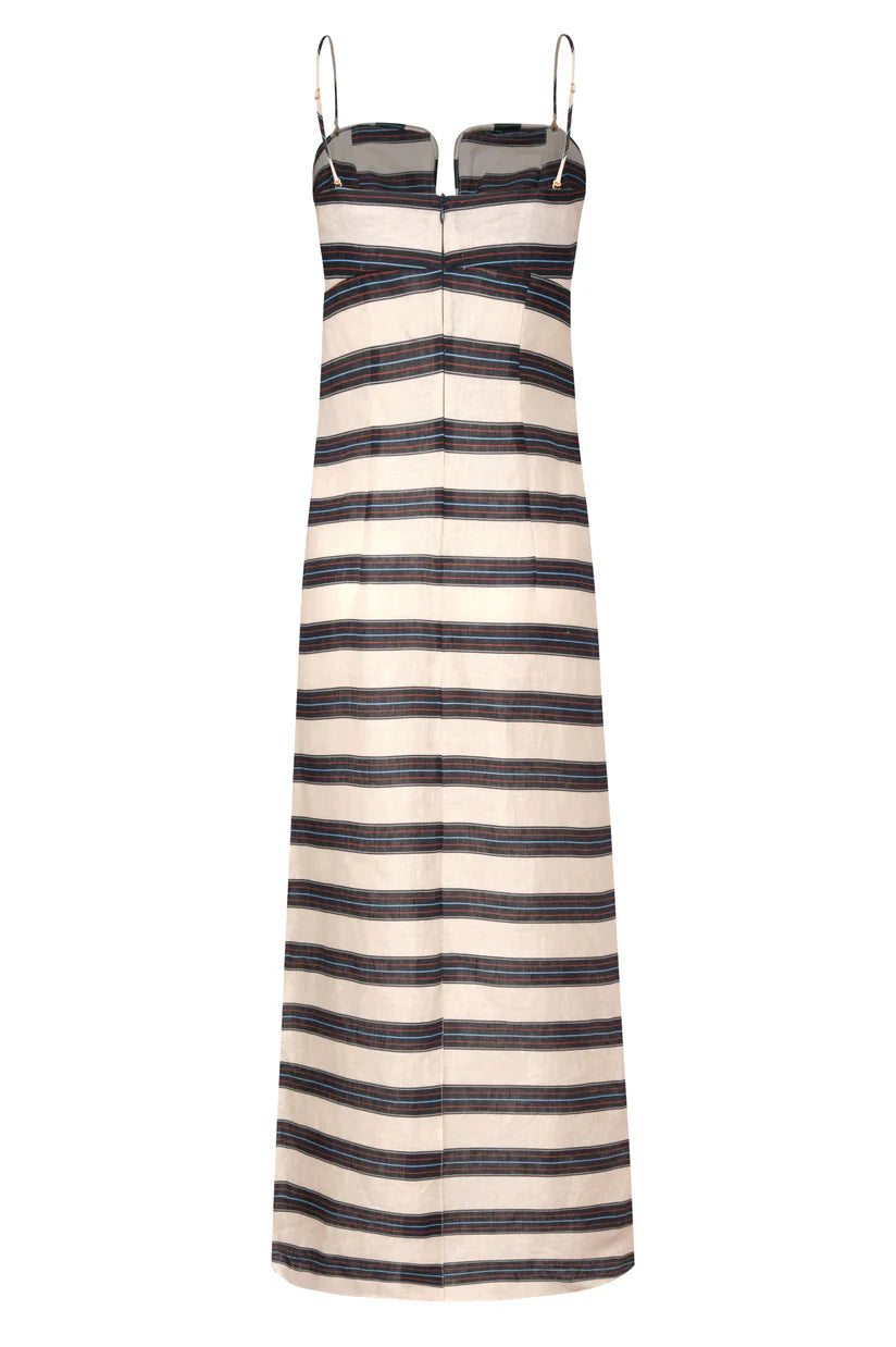 Linen midi dress with navy stripe pattern, spaghetti straps, fitted back view.