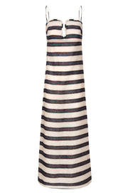 Linen midi dress with navy stripe pattern, spaghetti straps, straight fit.