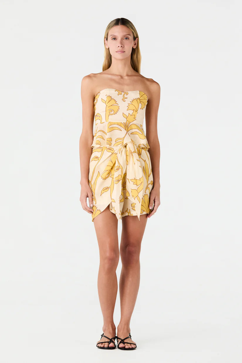 Strapless printed linen romper with shorts, cream and yellow floral pattern