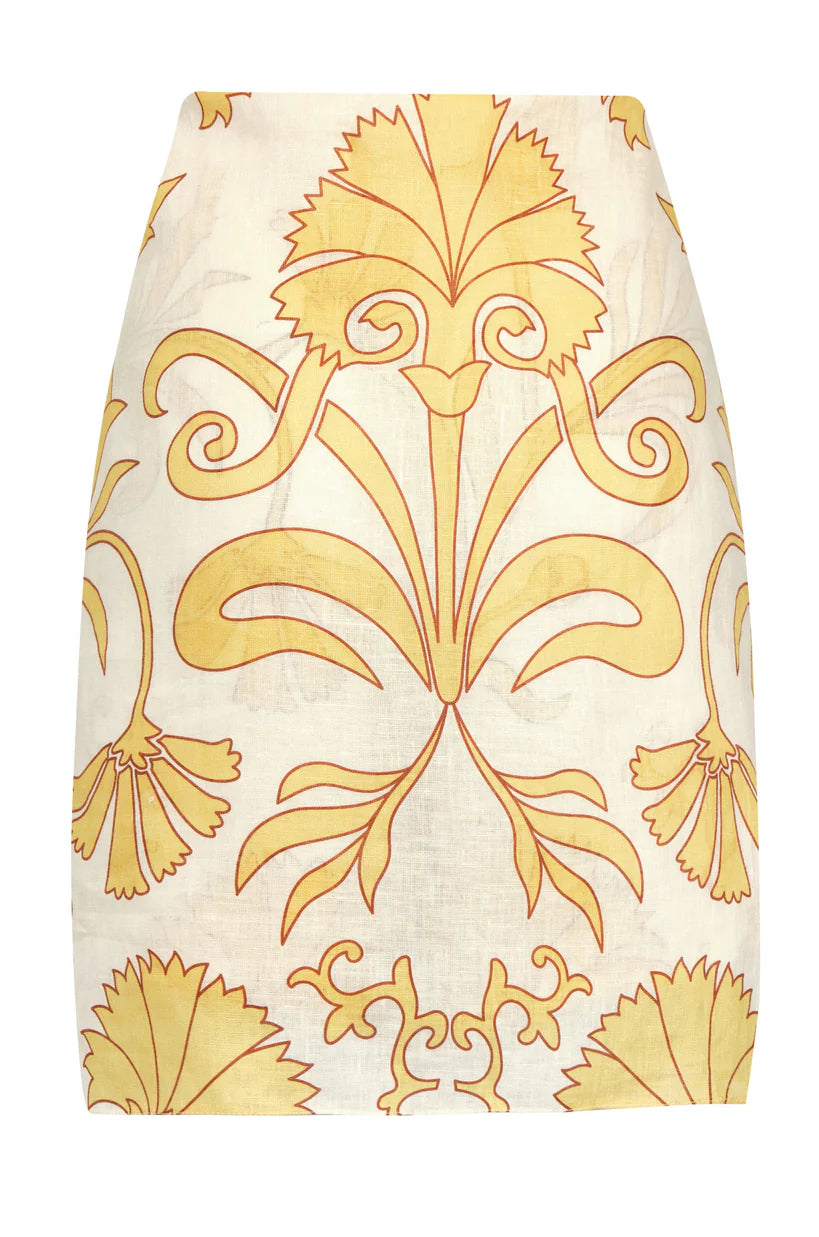 Printed linen shorts with gathered waist, large yellow floral motif on cream