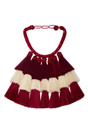 Wine and ivory tassel necklace with beaded chain and layered fringe