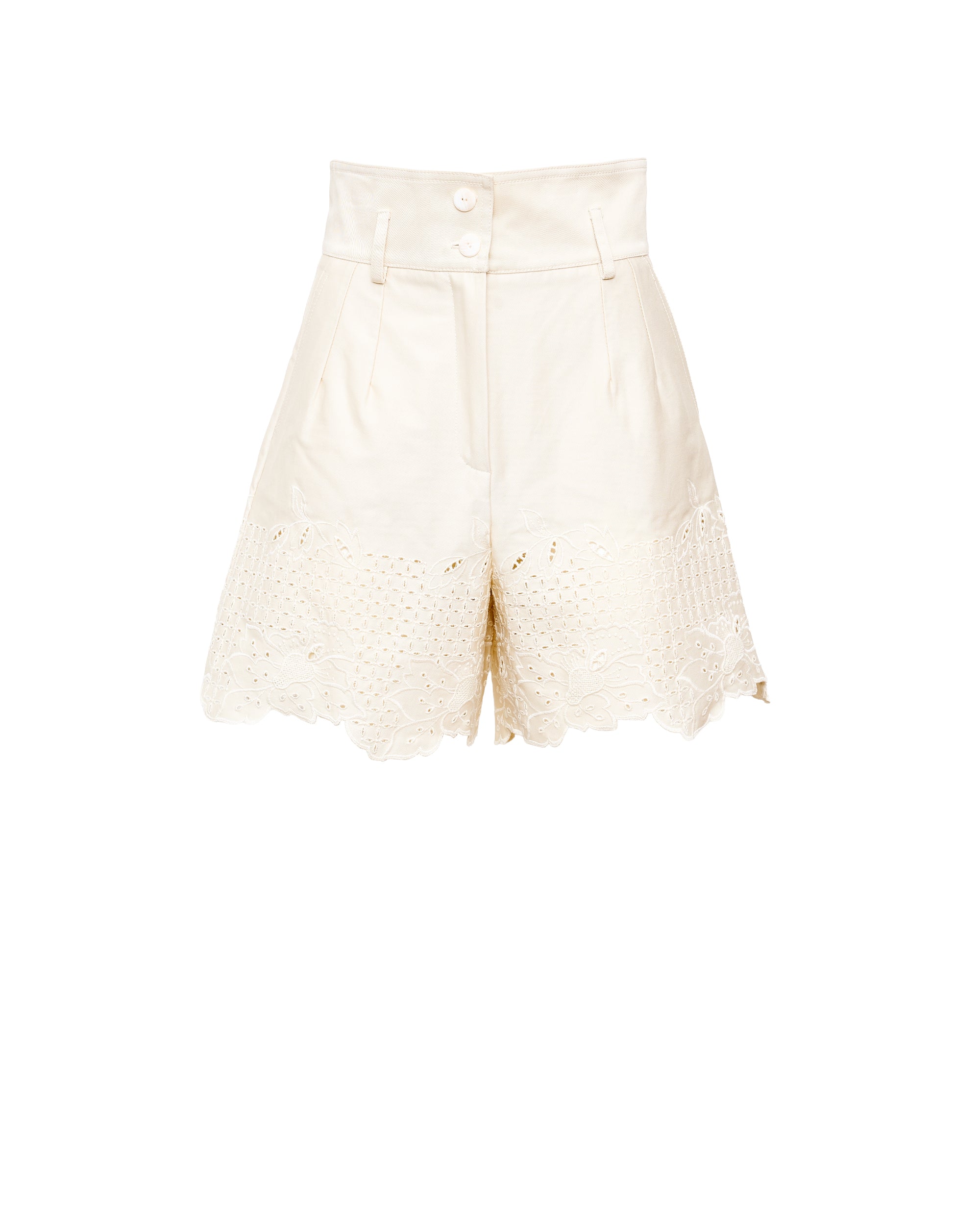 Rocchetta shorts in ivory with side pockets and scalloped lace eyelet hem