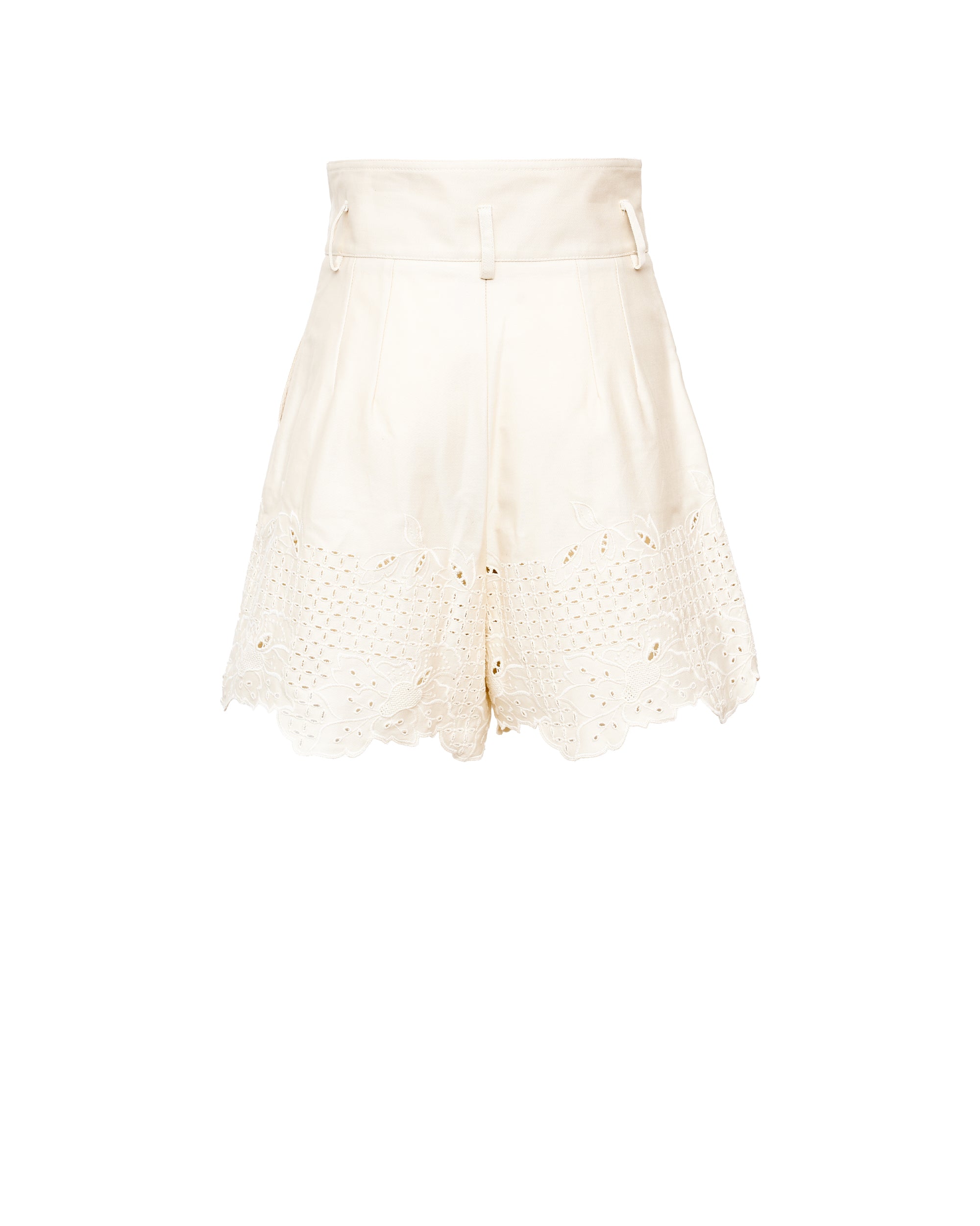 Rocchetta shorts in ivory with belt loops, front button, and lace eyelet hem