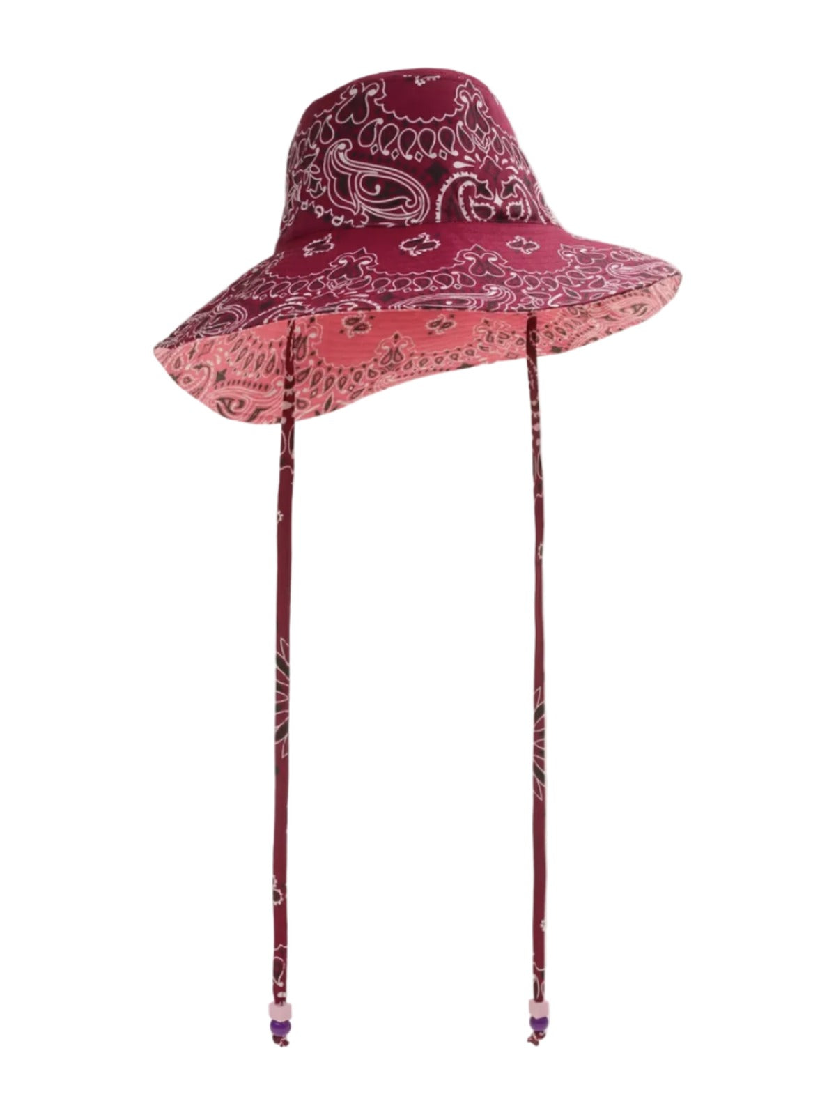 Strawberry capeline hat in burgundy with pink patterned trim and long ties