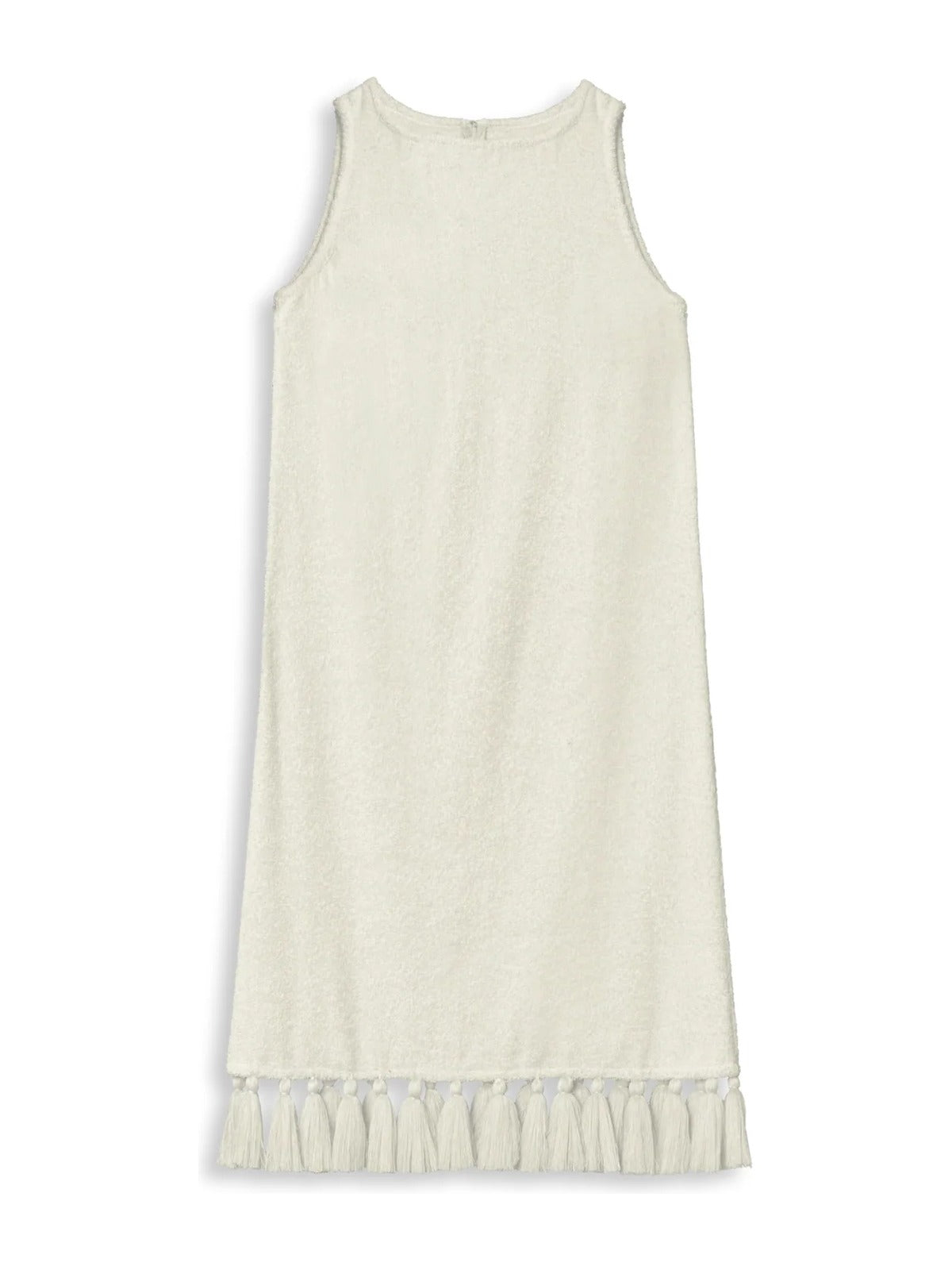 Ivory terry mini dress, sleeveless with scoop neck and ruffled hem