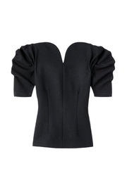 Black popelin top with short puff sleeves and V-neck seam detail.