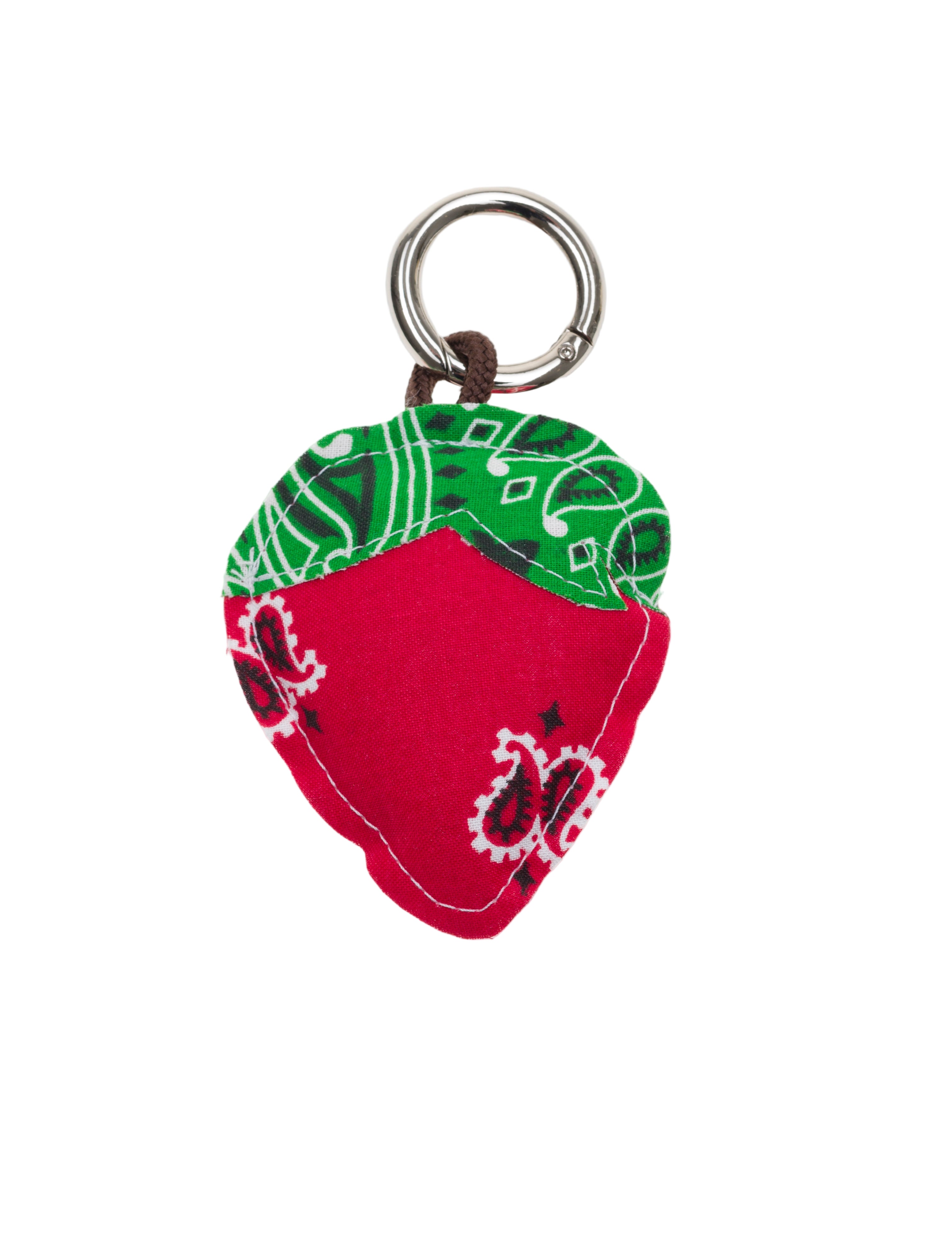 Fabric mushroom key ring charm with green patterned cap and red body, silver ring