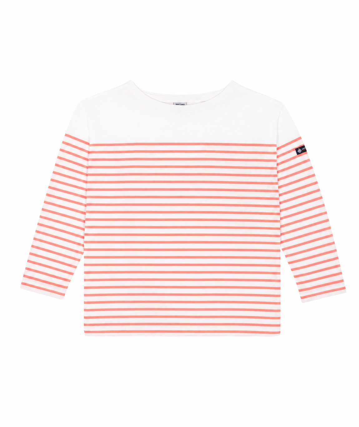 Long-sleeve Breton striped top in white with coral-orange and white horizontal stripes, crew neck