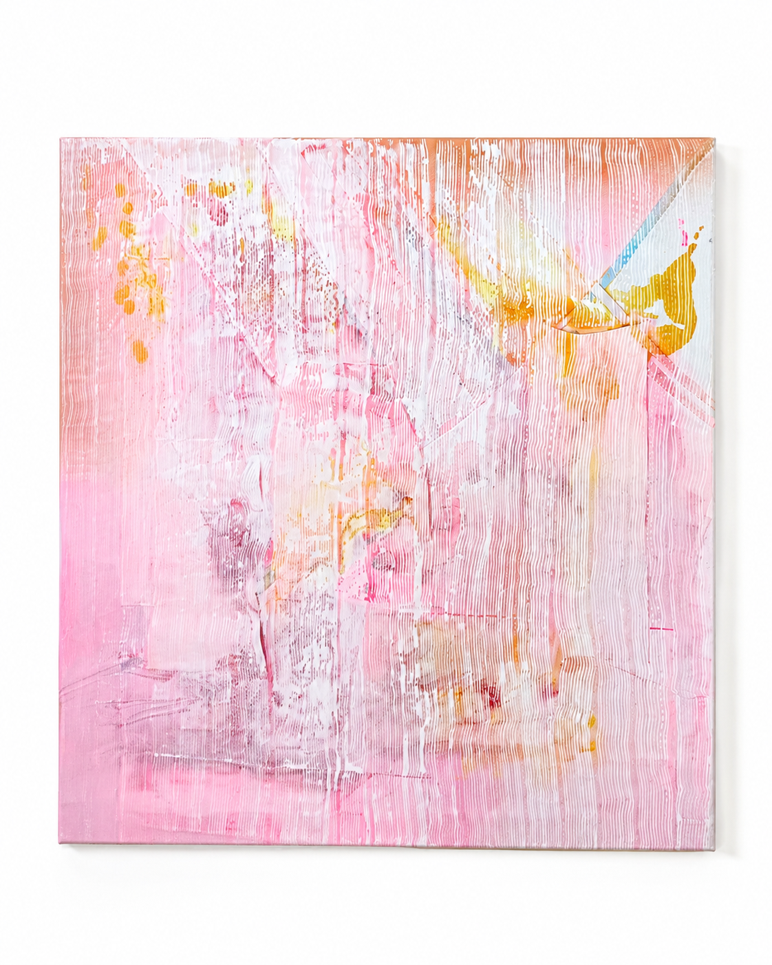 Mixed-media painting with pink textured background and gold abstract accents