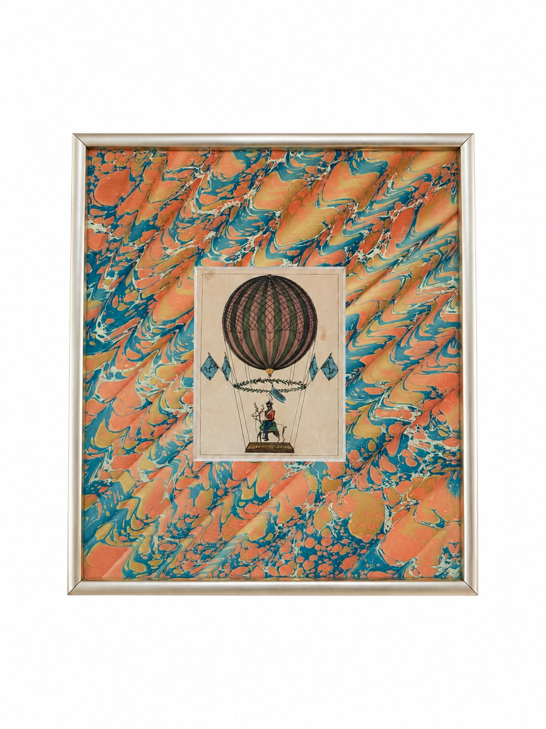 Framed hot air balloon print with orange and light blue marbled background, small balloon