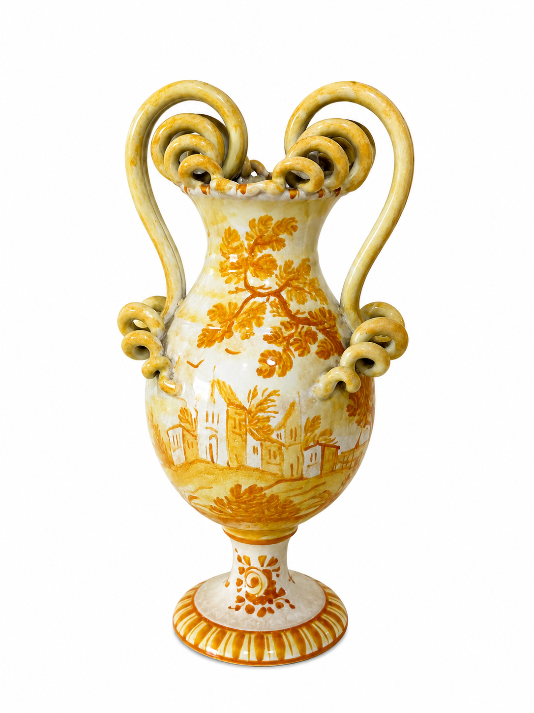 White ceramic vase with gold scroll handles and orange floral landscape motif