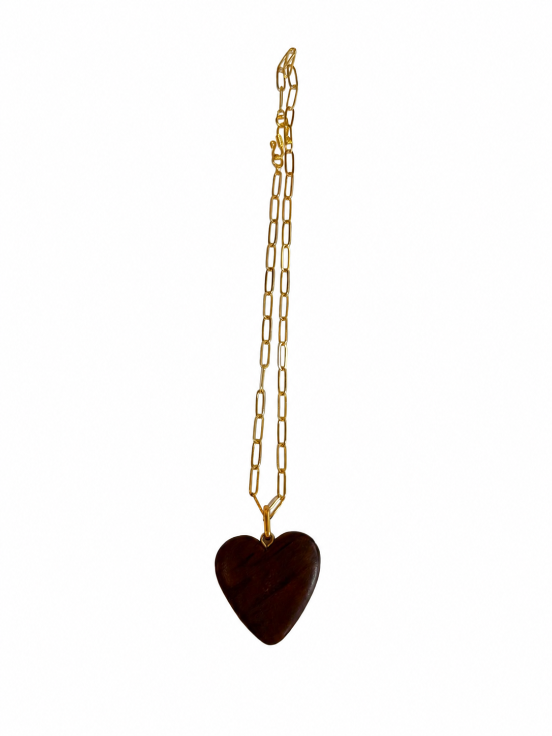 Gold chain heart necklace with dark brown wooden pendant