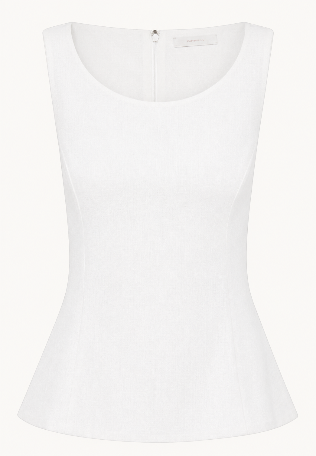 IRIA top: white sleeveless scoop-neck top with fitted waist and slight flare
