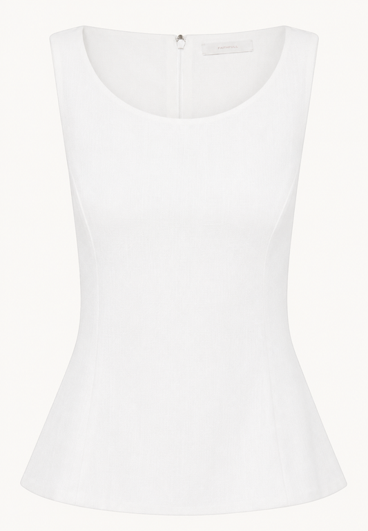 IRIA top: white sleeveless scoop-neck top with fitted waist and slight flare