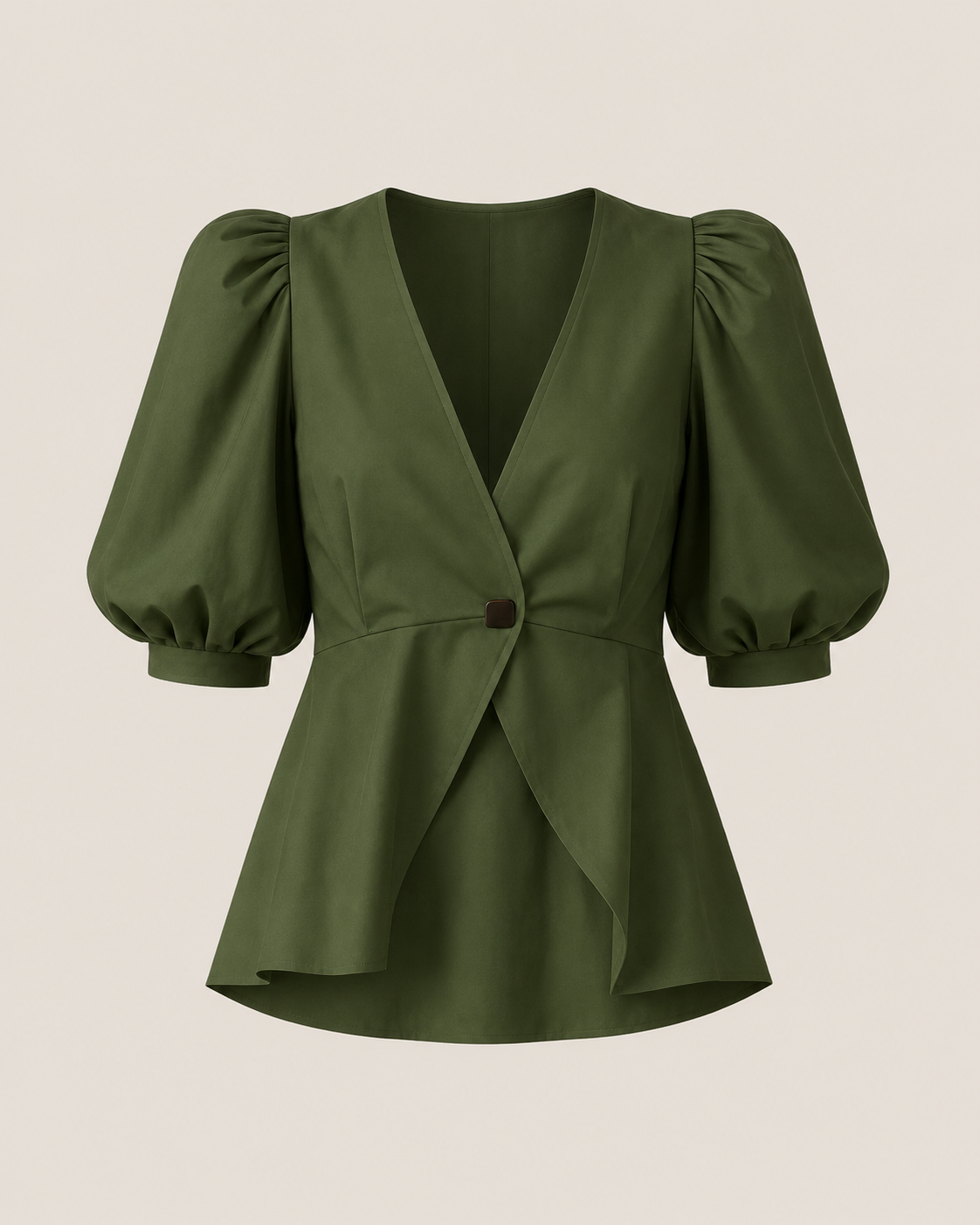 Green puff-sleeved blouse with V-neck wrap front and button detail