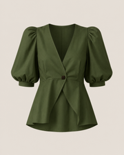 Green puff-sleeved blouse with V-neck wrap front and button detail