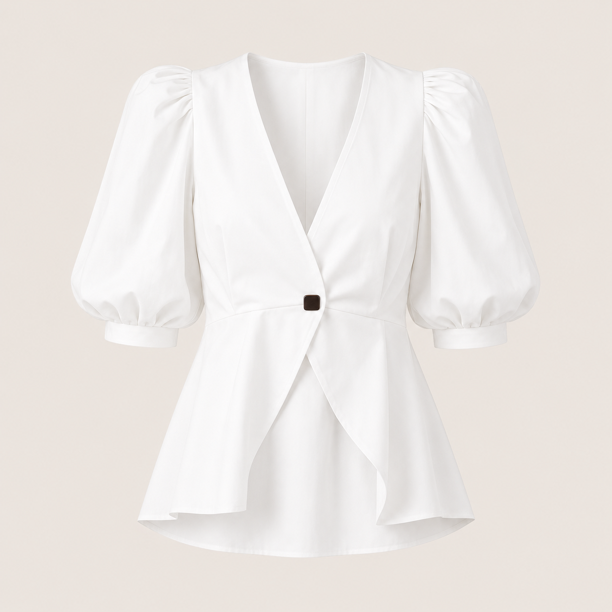 Ivory puff-sleeved blouse with V-neck wrap front and gathered sleeves