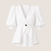 Ivory puff-sleeved blouse with V-neck wrap front and gathered sleeves