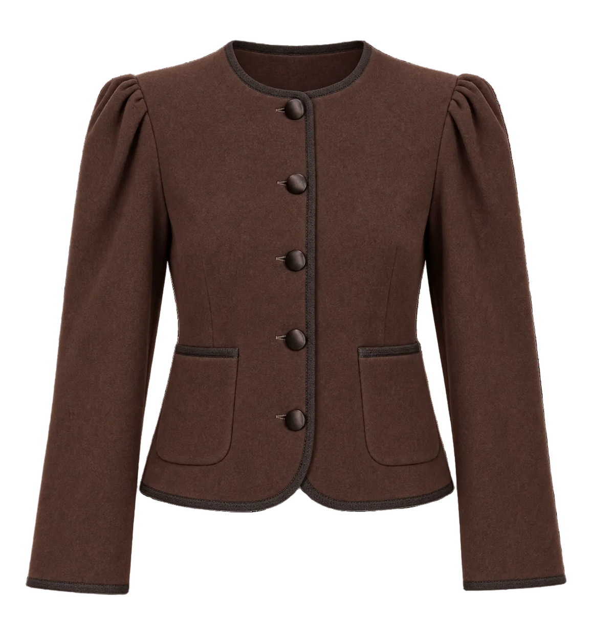 Women's brown coat with button front, flap pockets, and gathered shoulder details