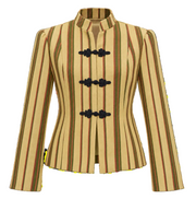 Striped women’s jacket, stand collar and three black toggle closures, long sleeves