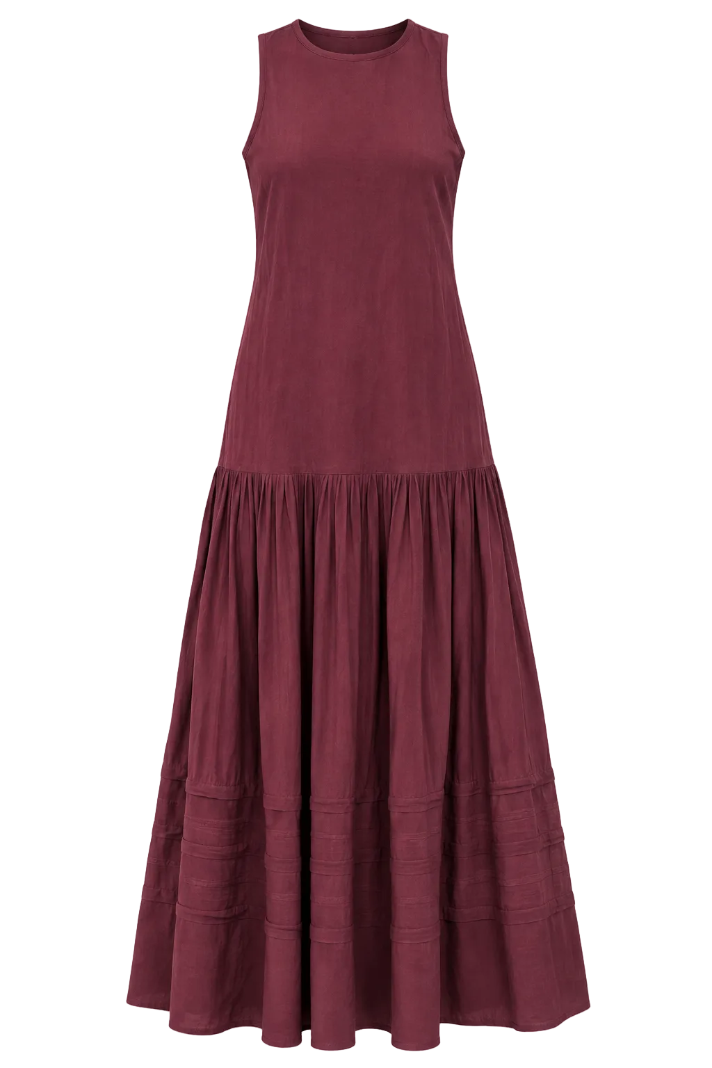 Maroon sleeveless tiered dress with round neckline