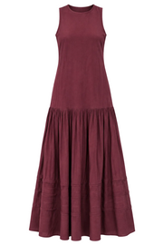 Maroon sleeveless tiered dress with round neckline