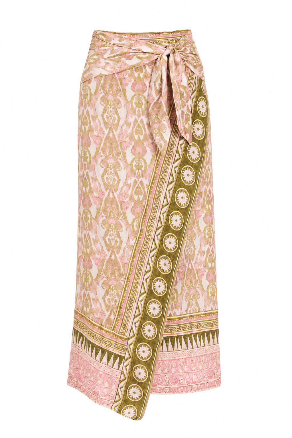 Printed midi wrap skirt with waist tie, pink and beige ornate border pattern