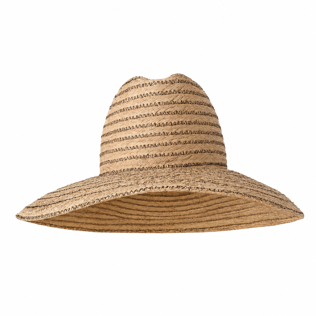 Woven straw sun hat with wide brim and black-and-tan striped band