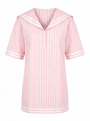 Pink and white striped hooded dress with short sleeves and button placket