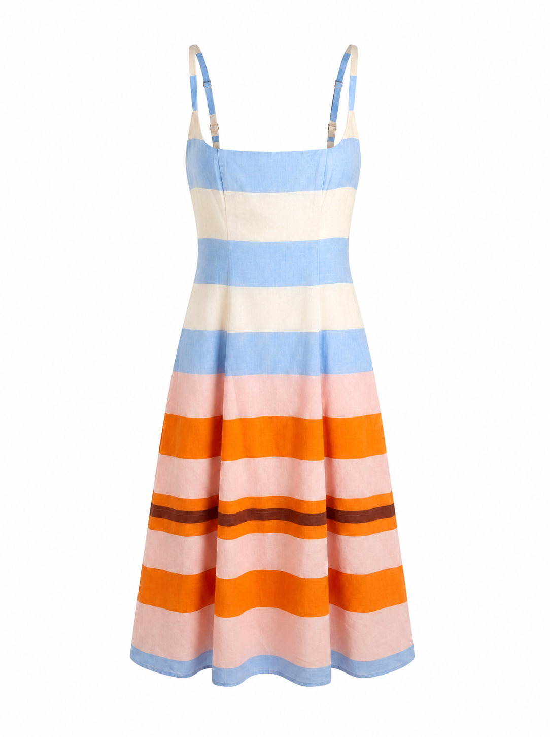 Blue and orange striped sundress with spaghetti straps and square neckline