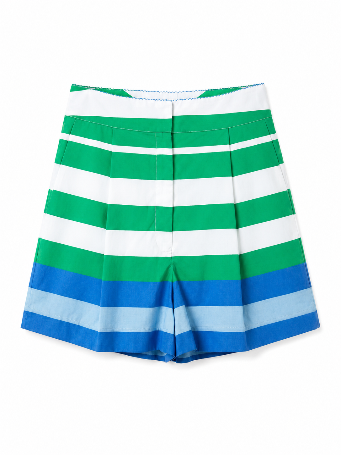 Striped shorts with green, white, and blue horizontal bands