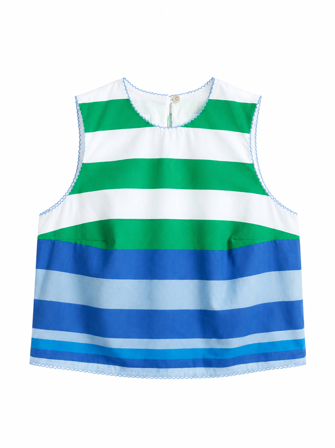 Pasca top, sleeveless striped fabric with green, white, and blue bands