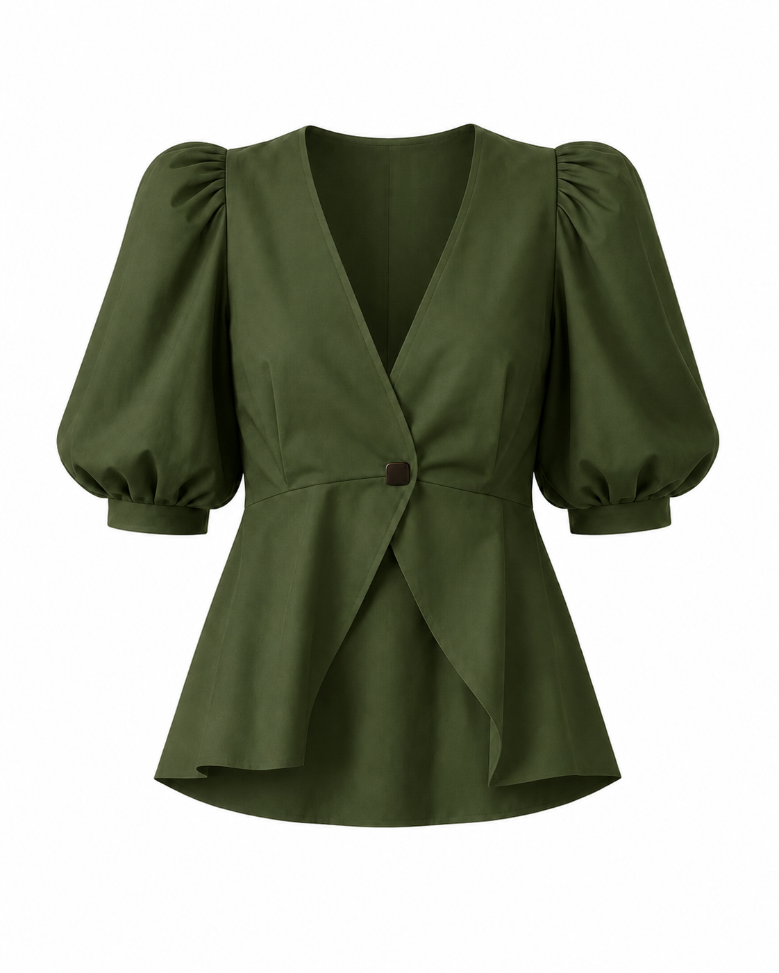 Green solid blouse with V-neck, puff sleeves, and button-front detail