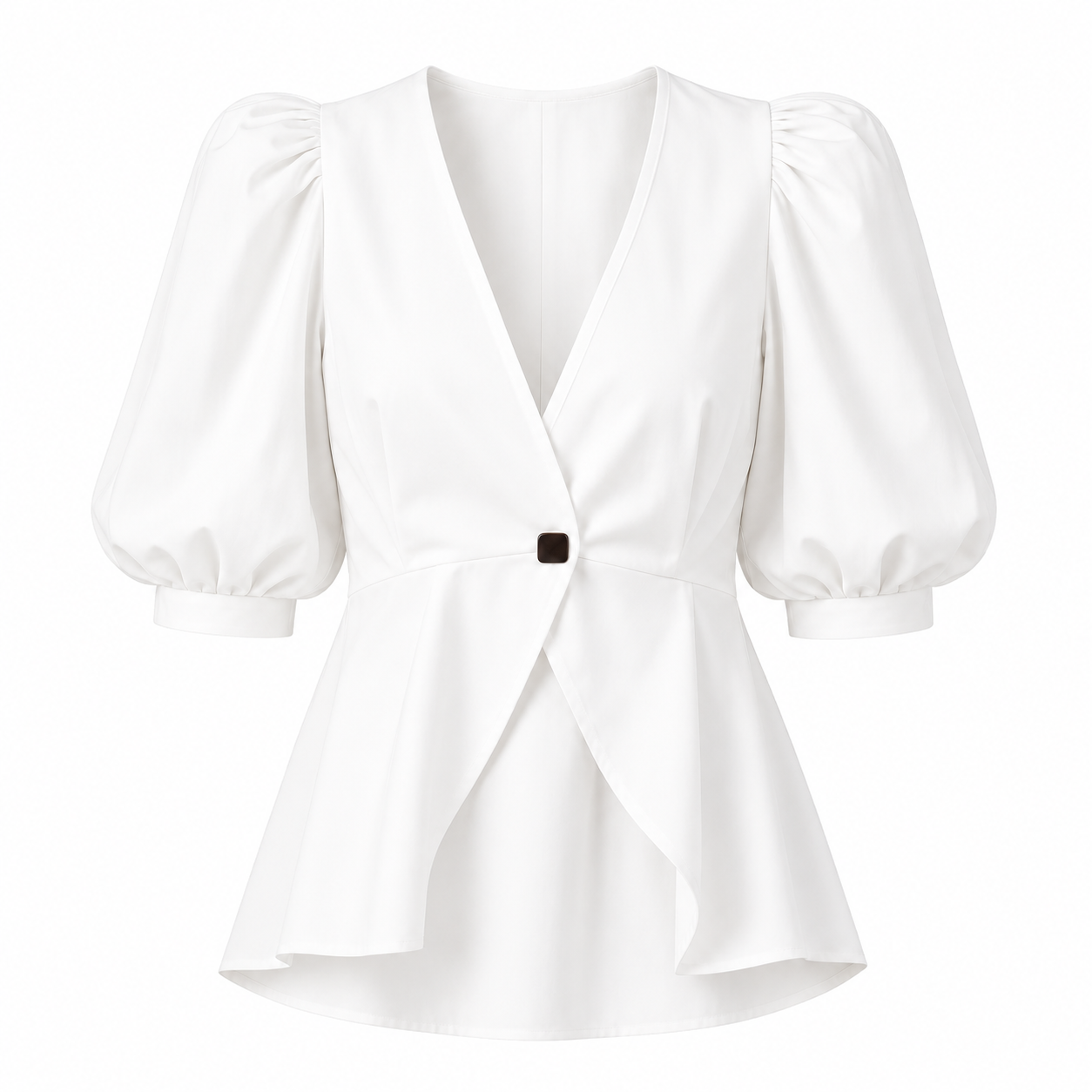 Ivory puff-sleeved blouse with V-neck and button front