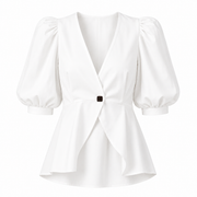 Ivory puff-sleeved blouse with V-neck and button front