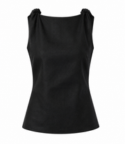 Black sleeveless top with knotted shoulder ties and scooped neckline