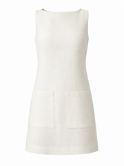 White sleeveless mini dress with two front patch pockets