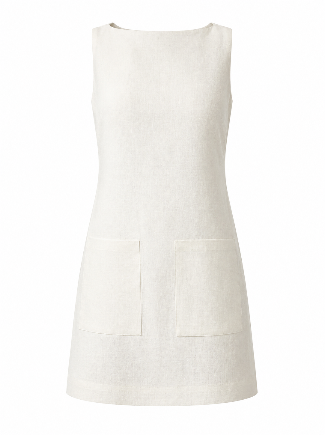 White sleeveless mini dress with two front patch pockets