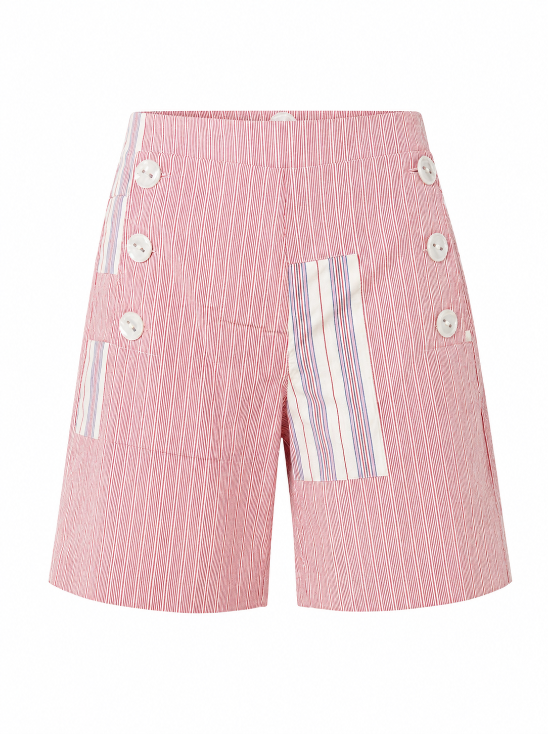 Pink striped shorts with button front, vertical pinstripes and patchwork panel detail