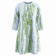 Floral poplin short kaftan in light blue with green leaf print, 3/4 sleeves