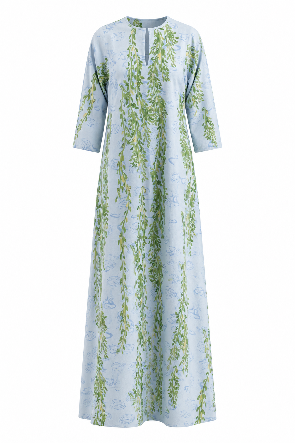 Floral poplin Rachel kaftan, light blue with green botanical print, 3/4 sleeves