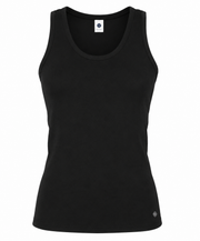 Black sleeveless tank top with round neckline and small chest logo
