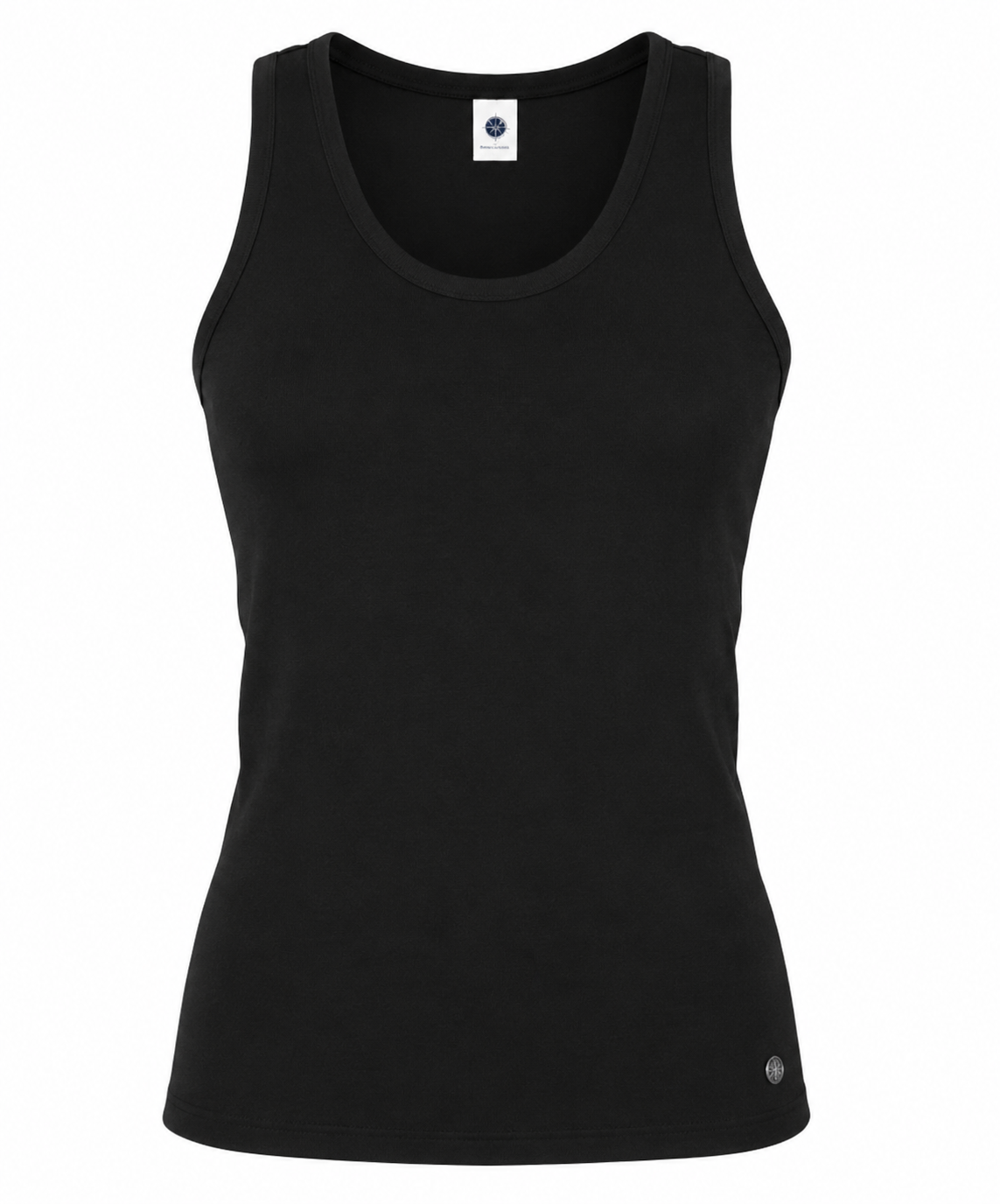 Black sleeveless tank top with round neckline and small chest logo