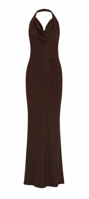 Chocolate brown halter maxi dress with fitted waist and draped crossover neckline