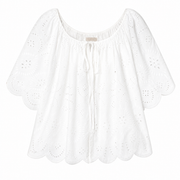 Fondaco top in white with eyelet embroidery, scoop neckline, and tie drawstring.