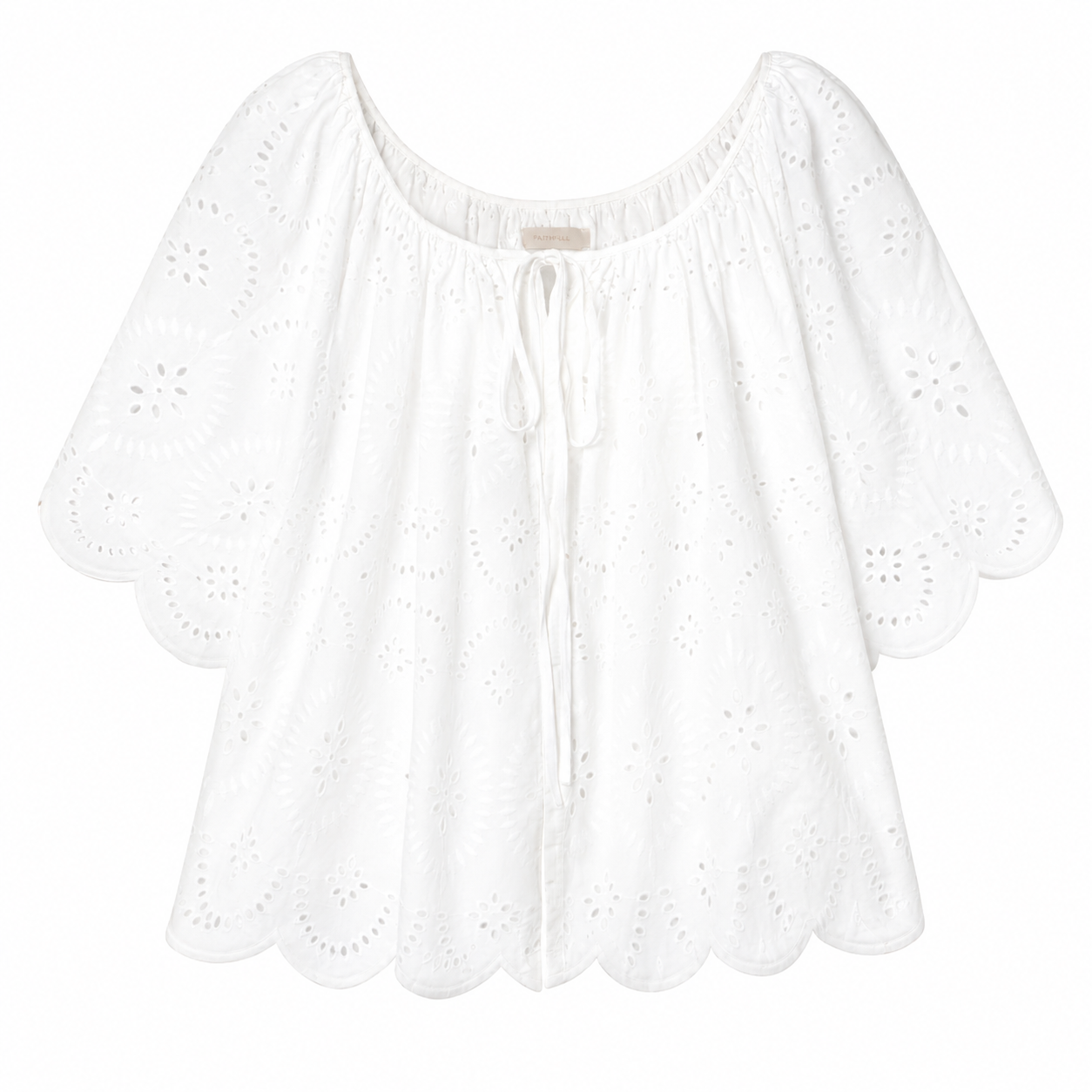Fondaco top in white with eyelet embroidery, scoop neckline, and tie drawstring.