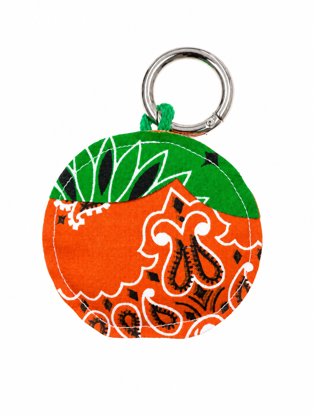 Round orange and green patterned fabric key ring with metal loop