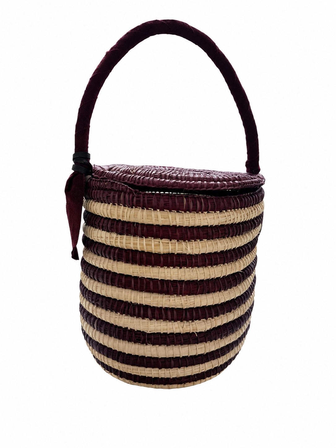 Striped rope bucket bag with tall handle and maroon tassel, maroon and cream bands