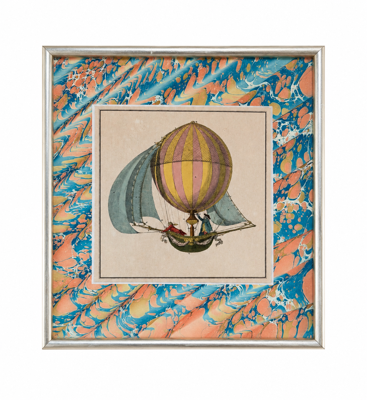 Framed hot air balloon print with orange and light blue marbled background, striped balloon
